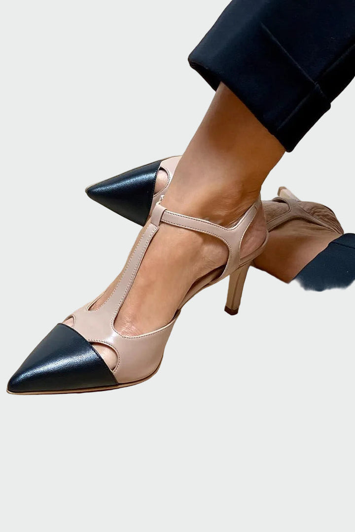 Pantofi cu toc bicolor cu bretea
