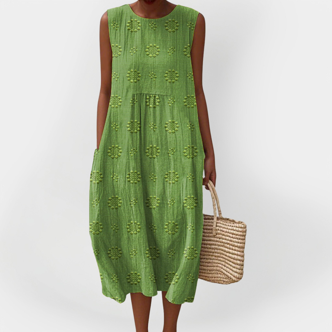 Rochie Elegantă fără Mâneci din Bumbac cu Buzunare