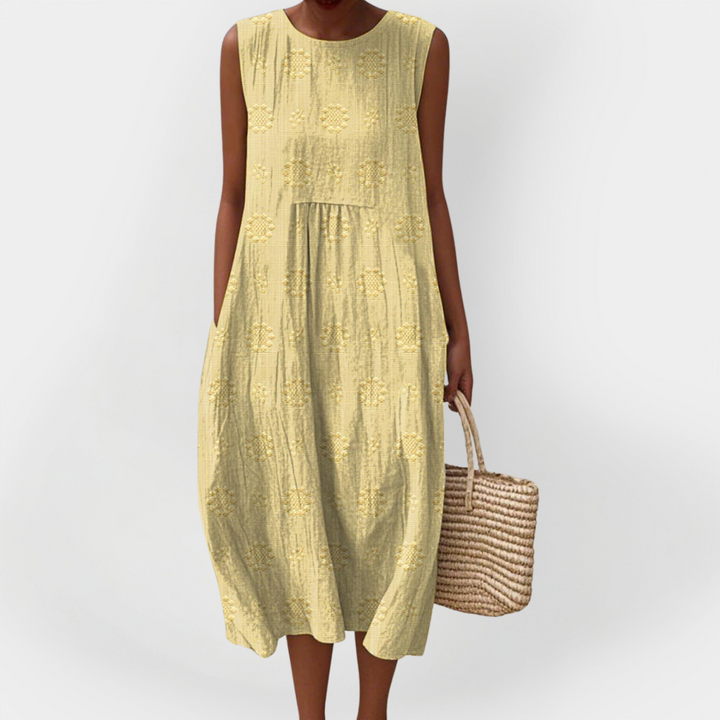 Rochie Elegantă fără Mâneci din Bumbac cu Buzunare