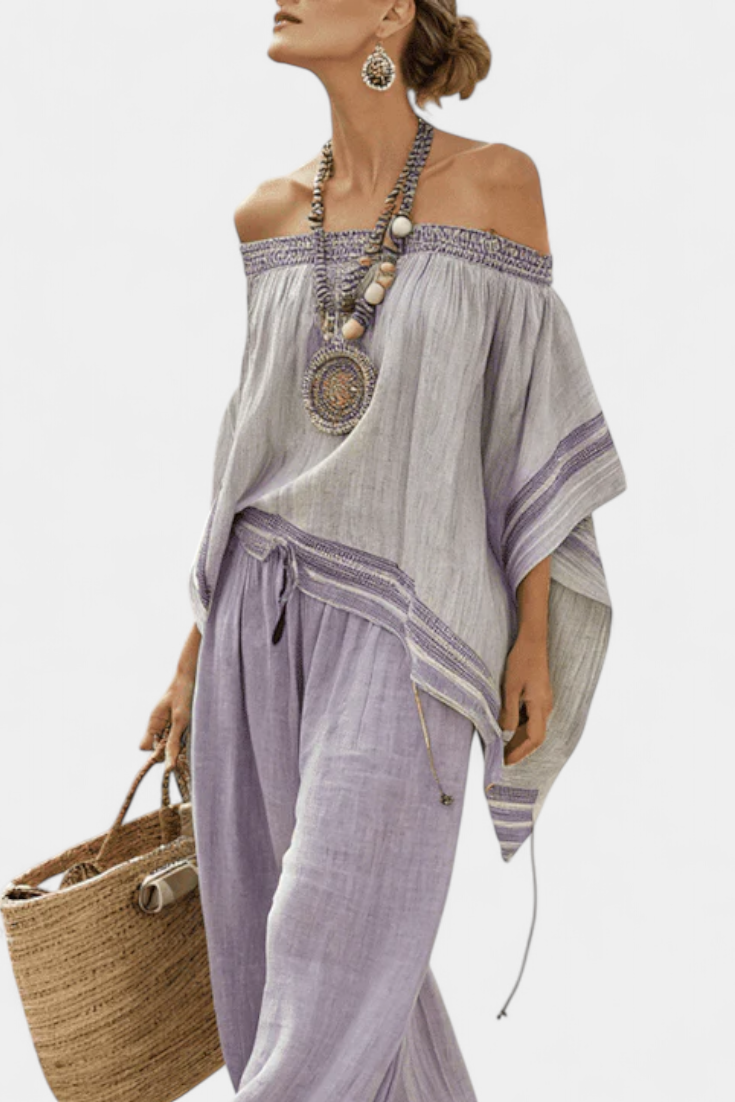 Salopetă din bambus cu dungi, cu umeri descoperiți și pantaloni largi pentru un stil elegant și proaspăt