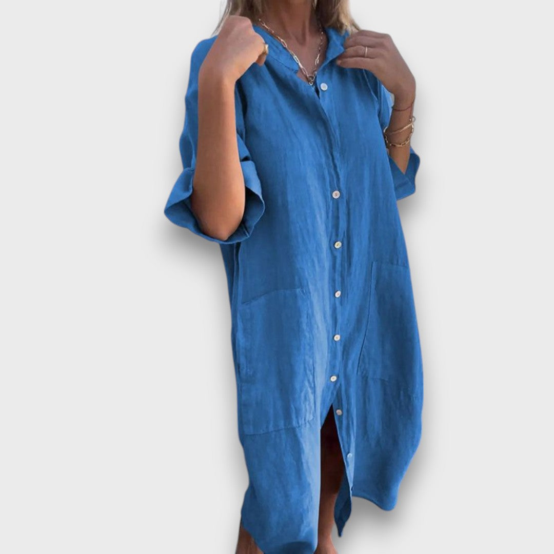 Rochie din in cu nasturi și buzunare