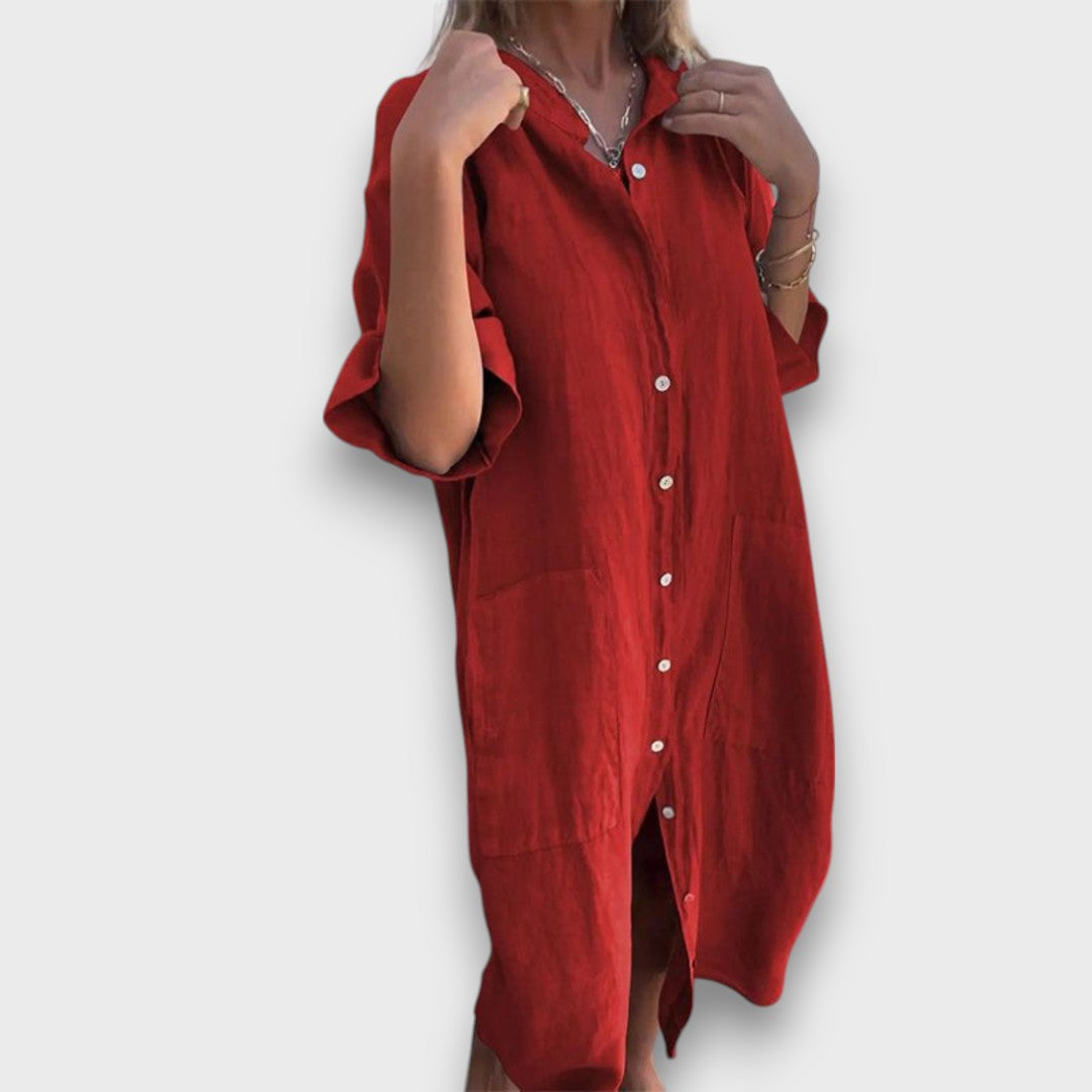 Rochie din in cu nasturi și buzunare