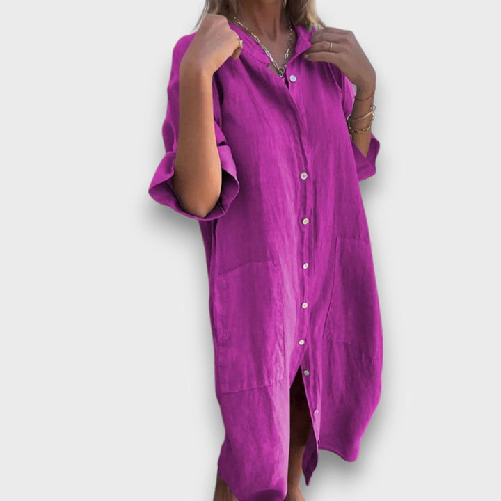 Rochie din in cu nasturi și buzunare