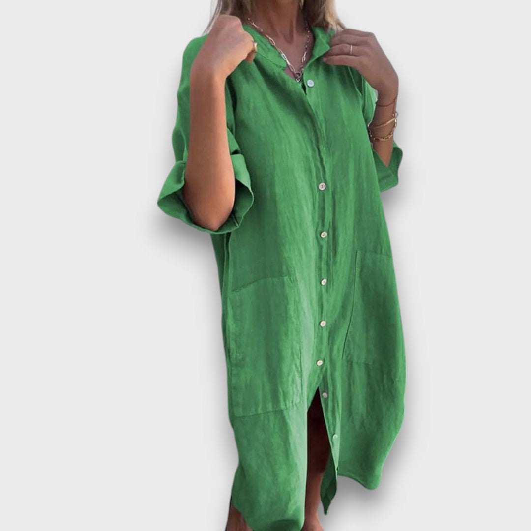 Rochie din in cu nasturi și buzunare