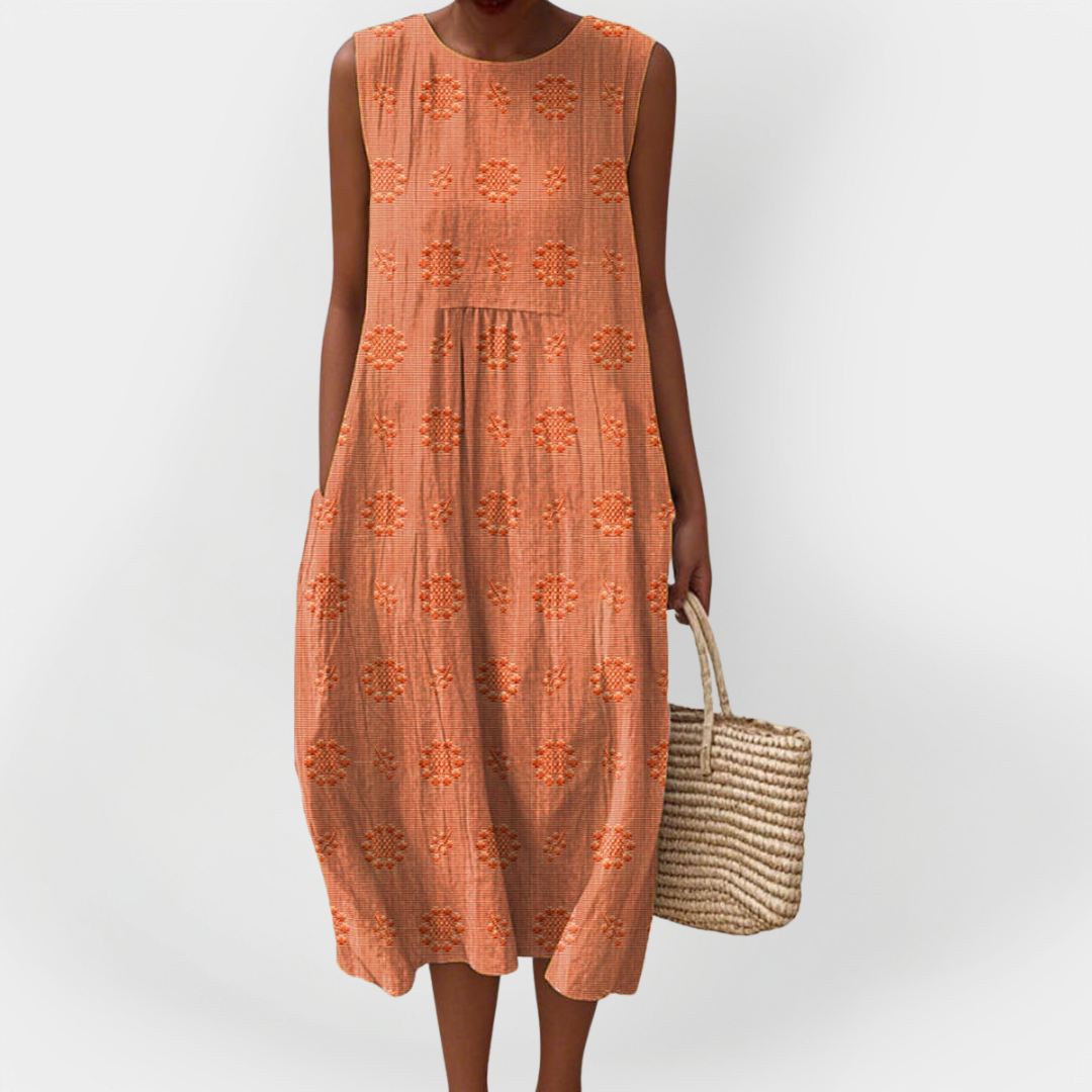 Rochie Elegantă fără Mâneci din Bumbac cu Buzunare