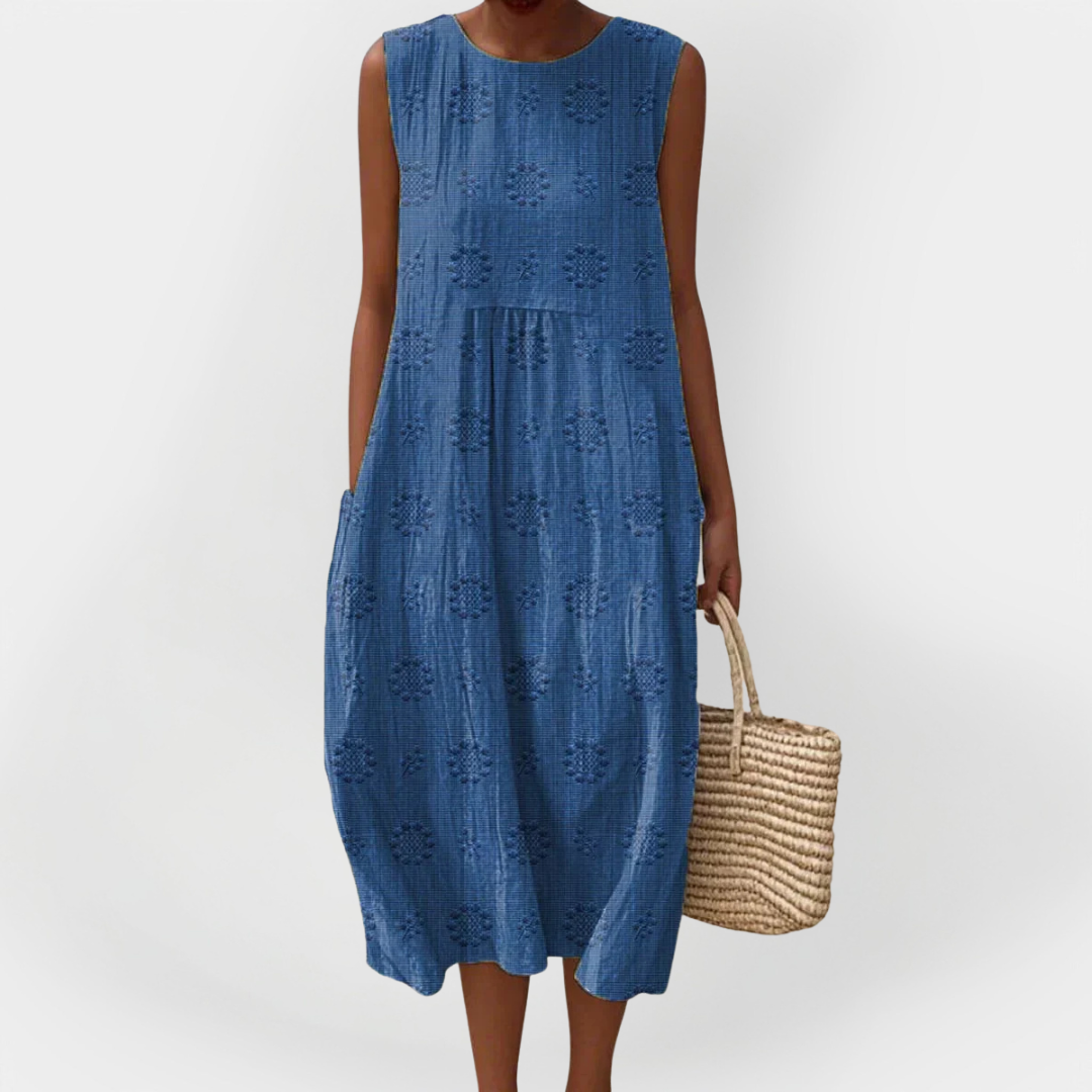 Rochie Elegantă fără Mâneci din Bumbac cu Buzunare