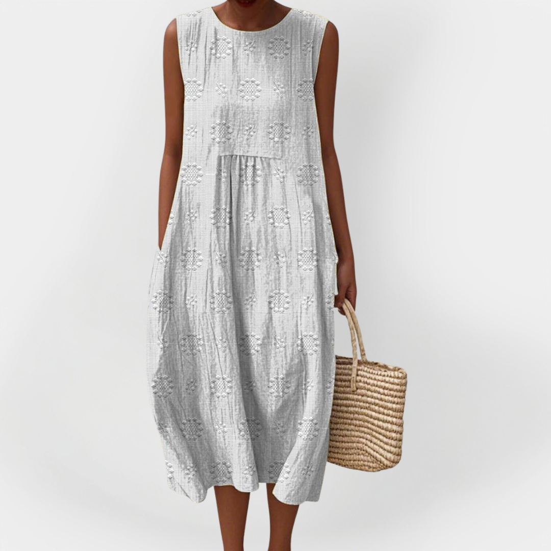 Rochie Elegantă fără Mâneci din Bumbac cu Buzunare