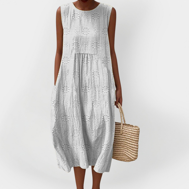 Rochie Elegantă fără Mâneci din Bumbac cu Buzunare