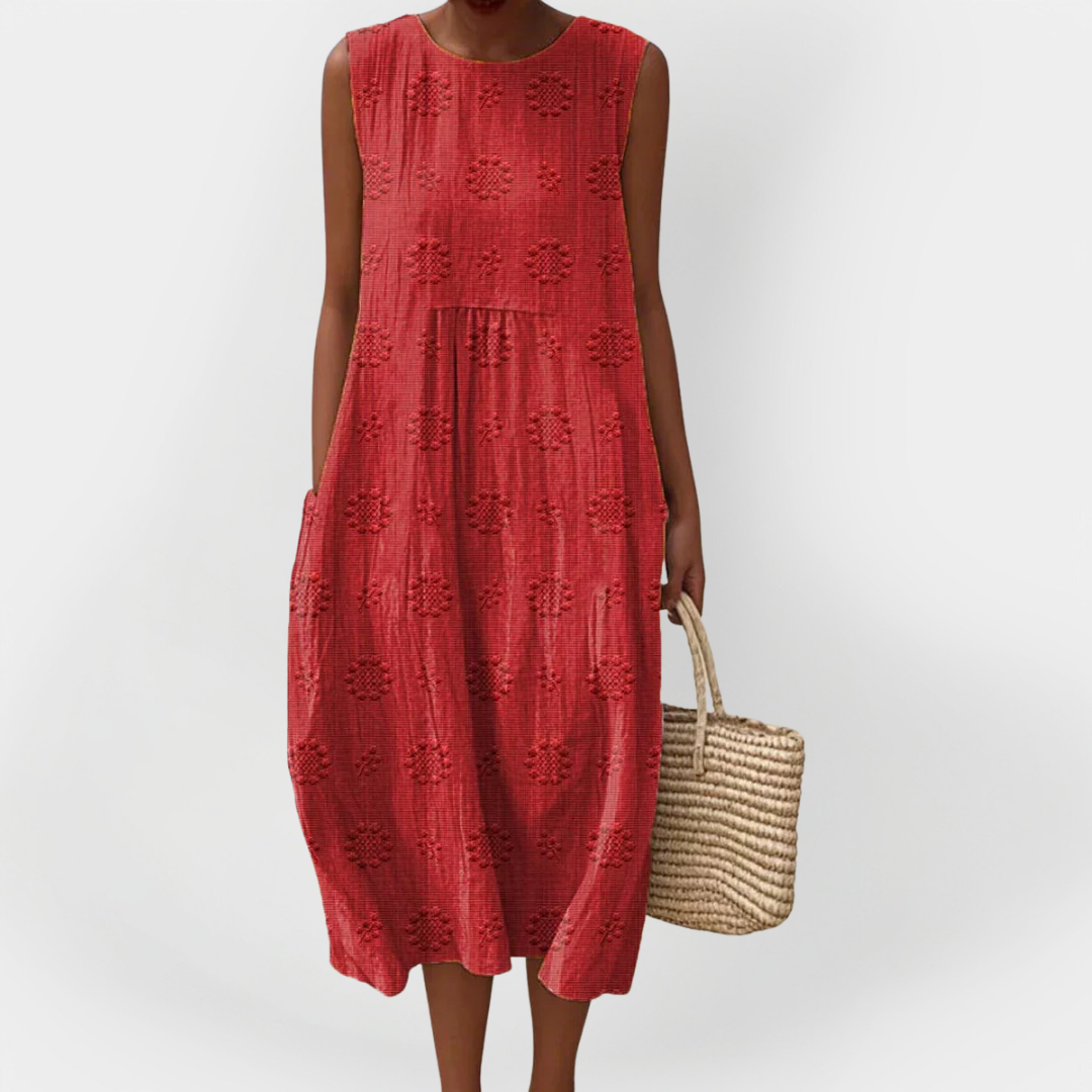 Rochie Elegantă fără Mâneci din Bumbac cu Buzunare