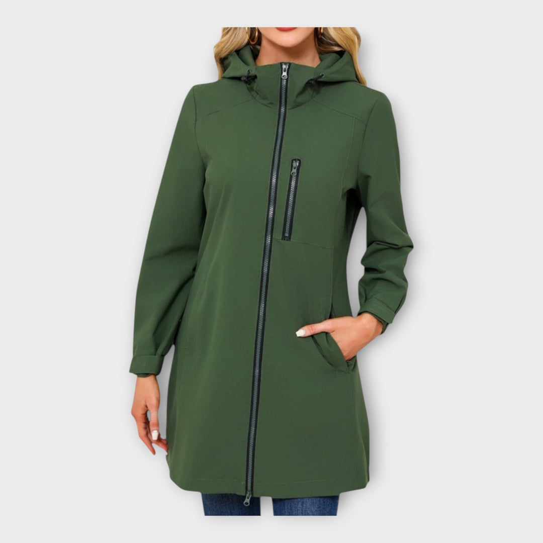 Jachetă lungă impermeabilă cu glugă