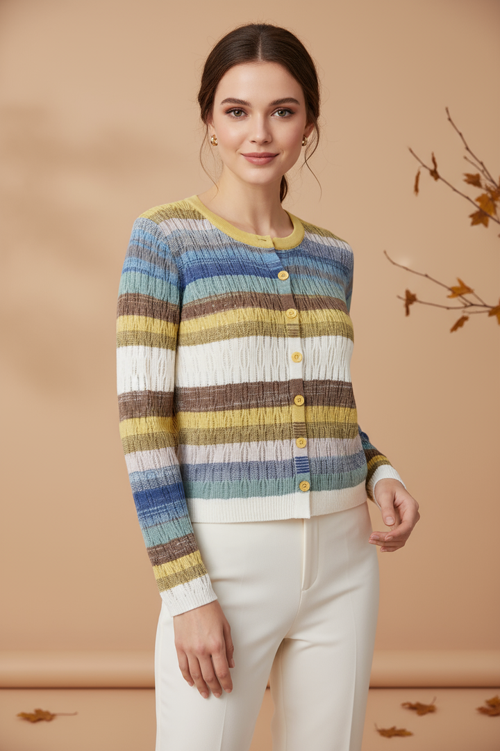 Pulover tricotat cu model în dungi, inspirat din stilul retro