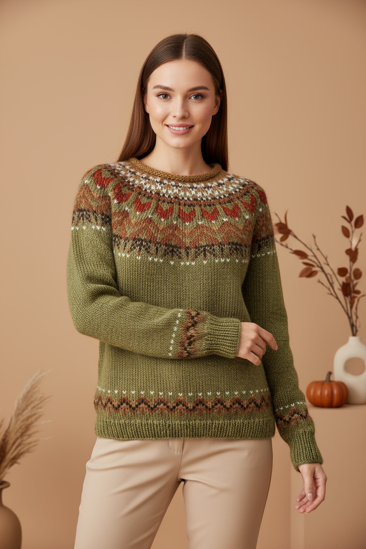 Pulover cu guler înalt din tricot cu model vintage jacquard