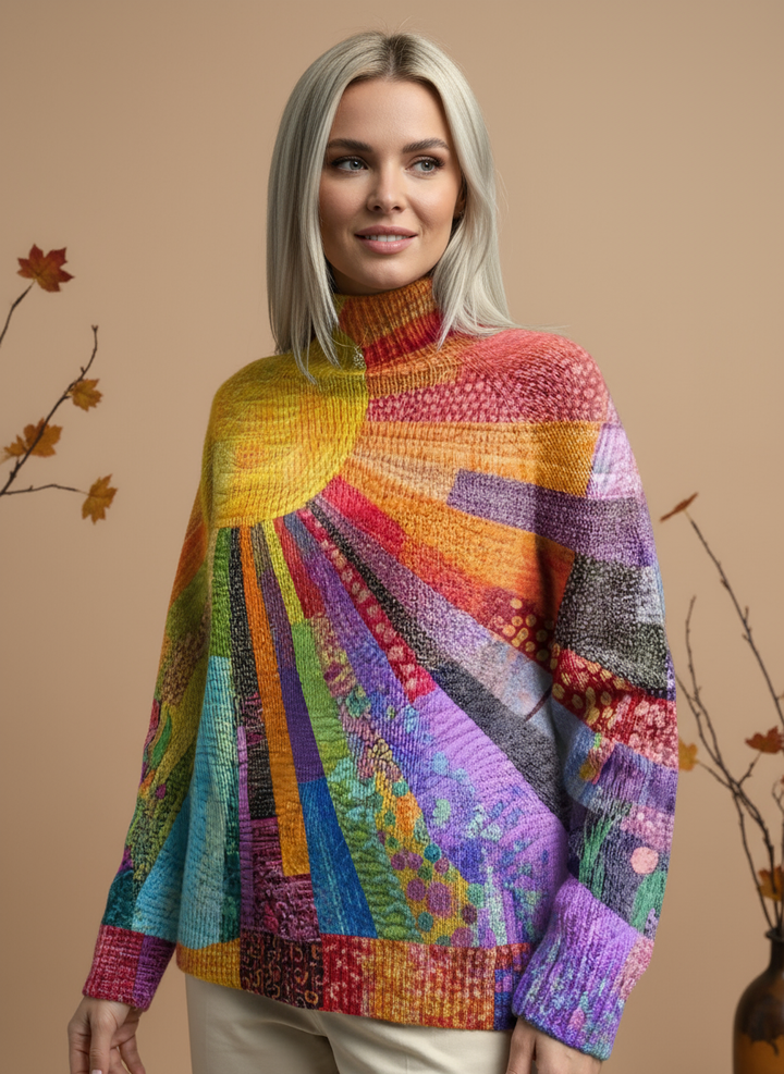 Pulover cu guler înalt și design vibrant