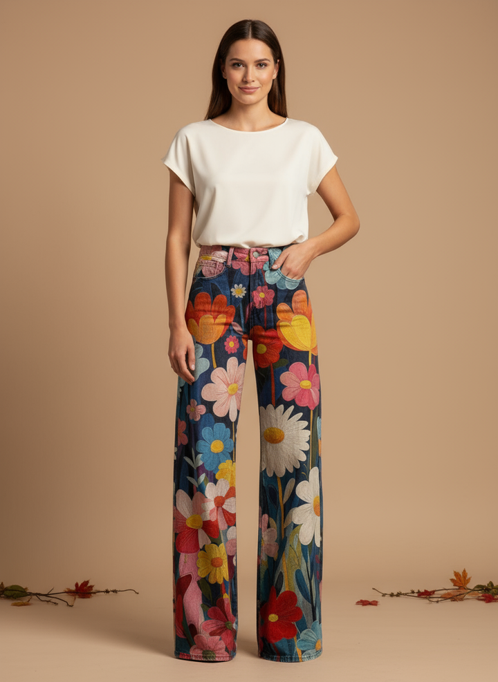 Pantaloni Florali cu Pantaloni Largi