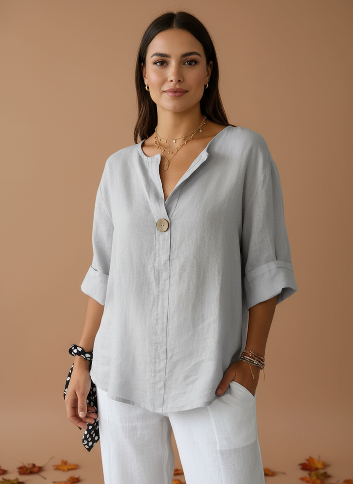 Bluză din in cu nasture și decolteu în V