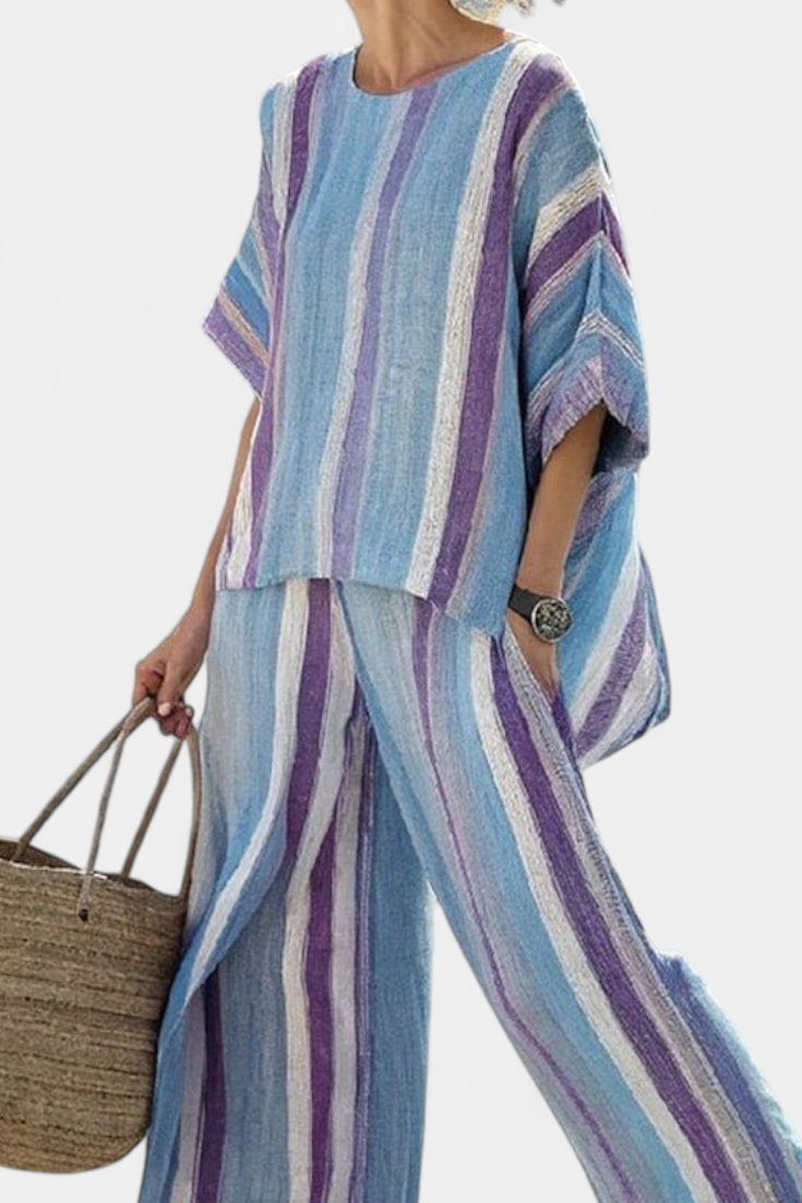 Set Elegant cu Dungi Daisy în nuanțe de Malva și Albastru Deschis pentru o apariție sofisticată